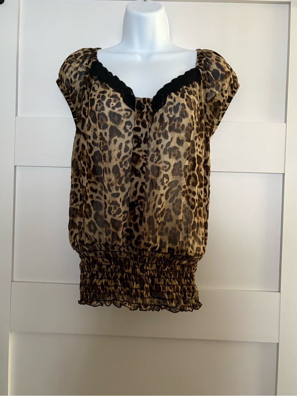 Leopard Print Lace-Trim Peasant Top - Brown/Black